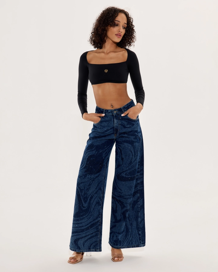 Blue Wide-leg dark denim pants – Shiny & Comfortable - 40